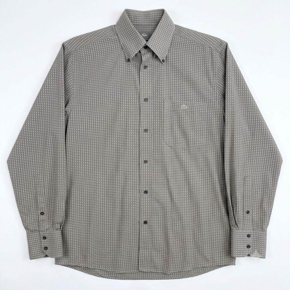 Lacoste Jacquard Micro Squares Button Down Shirt Brown Cotton Mens 40 Medium